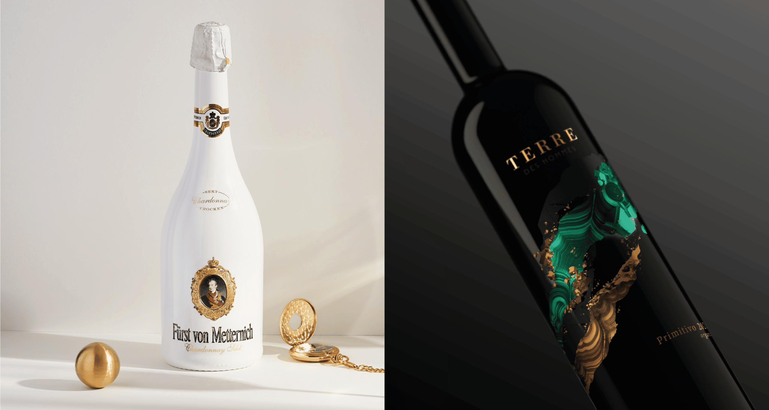 Fürst von Metternich: Sektflasche, weiß beschichtet mit Label; und Bordeauxflasche, schwarz glänzend beschichtet mit Direktdruck (DECO GLAS Design)